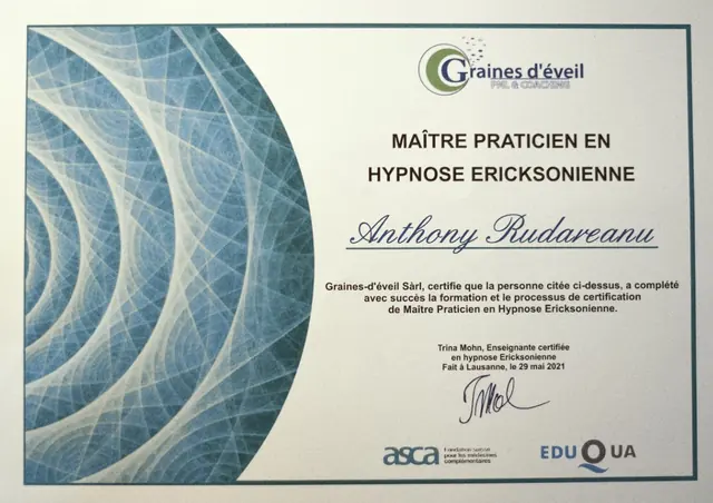 Aperçu du diplôme de maître praticien en hypnose ericksonienne de Graines d’Éveil