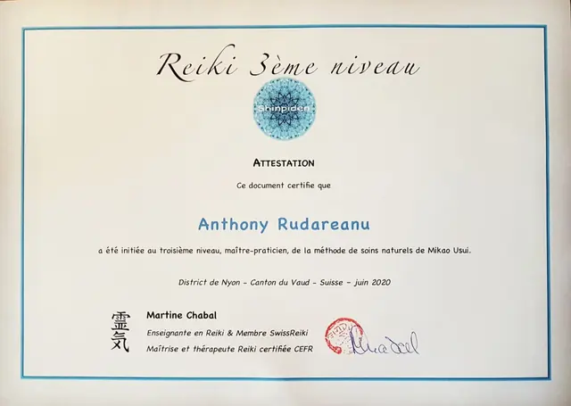 Aperçu de l’attestation Reiki Usui troisième niveau maître-praticien